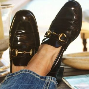 GUCCI Horsebit Loafers Chunky Heel Black Leather s/n: 100 0441 Italy Size 8